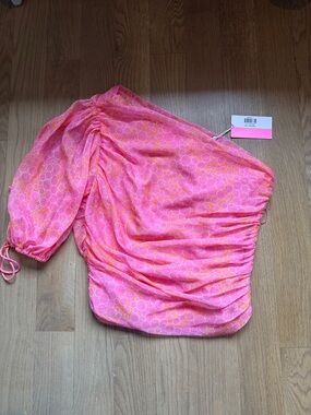 Amanda Uprichard Pink and Orange One-Shoulder Ruched Blouse